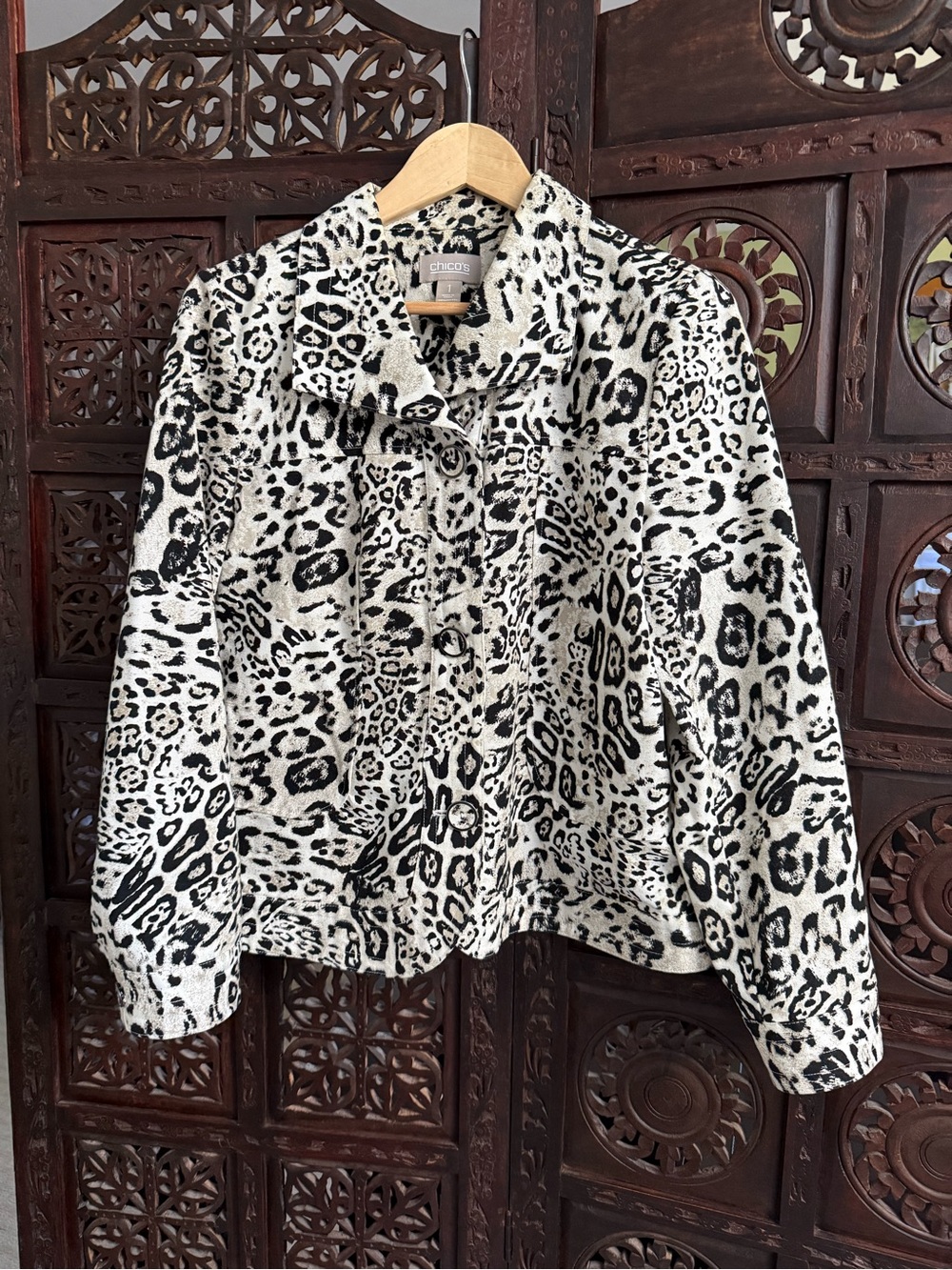 Chico's Black and Neutral Leopard-Print Jean-Style Jacket